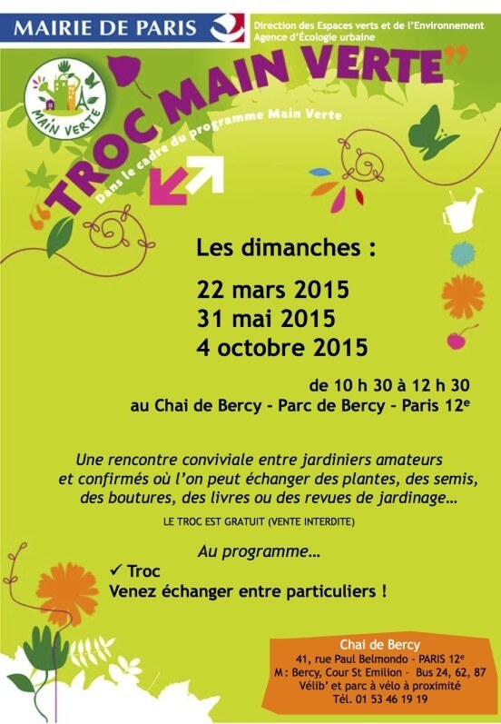 Affiche des Trocs Main Verte, Chai de Bercy, Paris 12e (75), mars, mai et octobre 2015