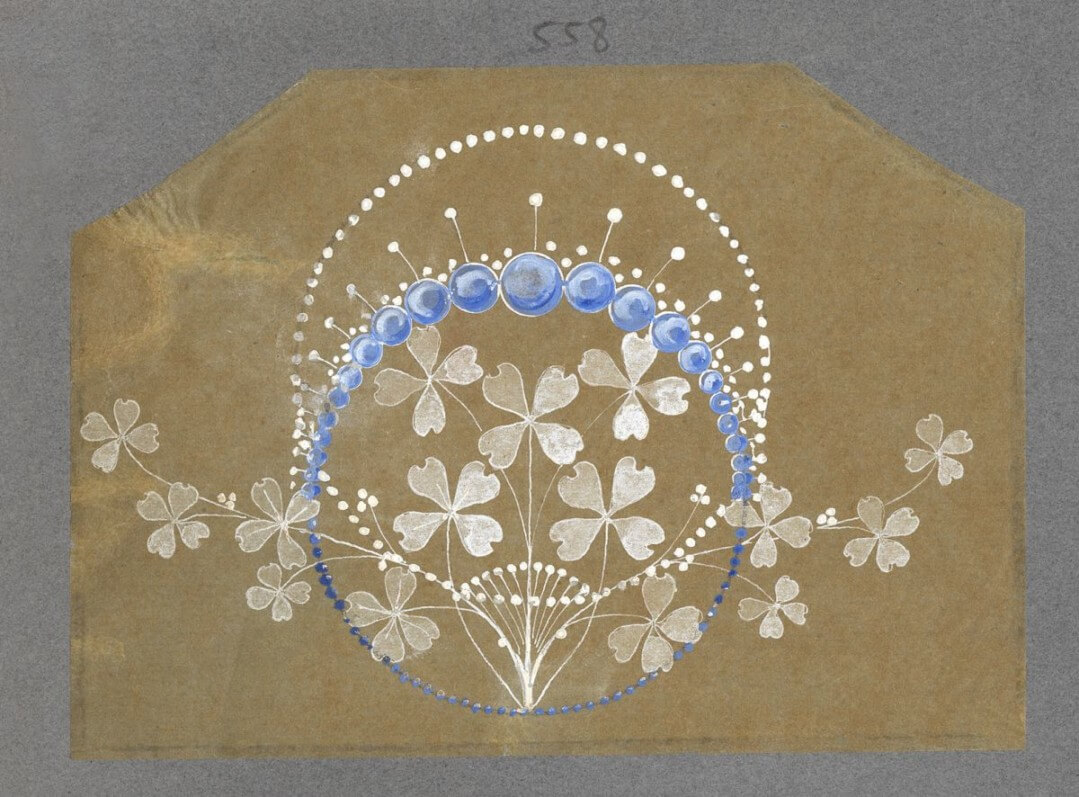 Joseph Chaumet, atelier de dessin. Projet de broche lavis et réhauts de gouache sur papier translucide, vers 1910 Collection Chaumet