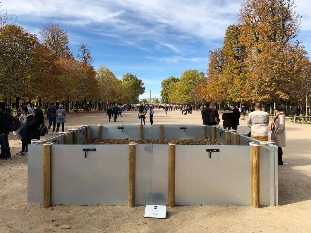 Garden, 2018, 8 portes en métal galvanisé, poteaux en bois, terre, végétation spontanée, 4 x 4 x 1 m,  Salle Principale, Loïs Weinberger, FIAC hors les murs, Paris 1er (75)