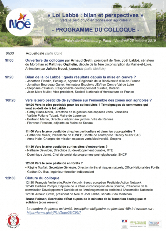 Programme du colloque "Loi Labbé, bilan et perspectives - Vers le zéro phyto en zones non agricoles ?", 25 octobre 2019