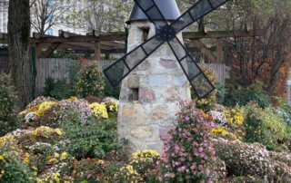 Moulin, parterre de chrysanthèmes en fin d'automne dans le Jardin du Port de l'Arsenal, Paris 12e (75)