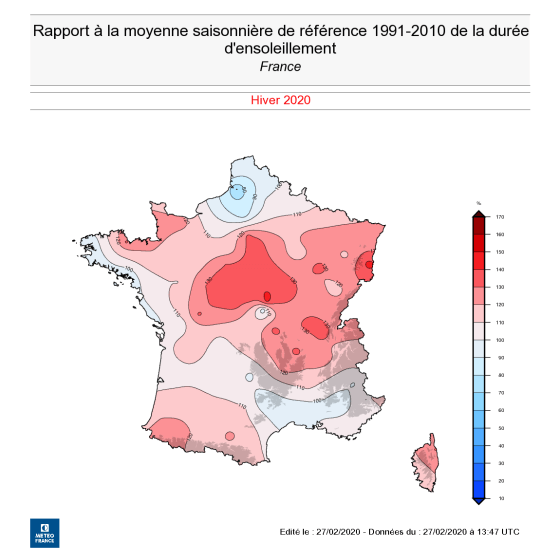 Carte ensoleillement au cours de l'hiver 2019-2020 en France, Météo France