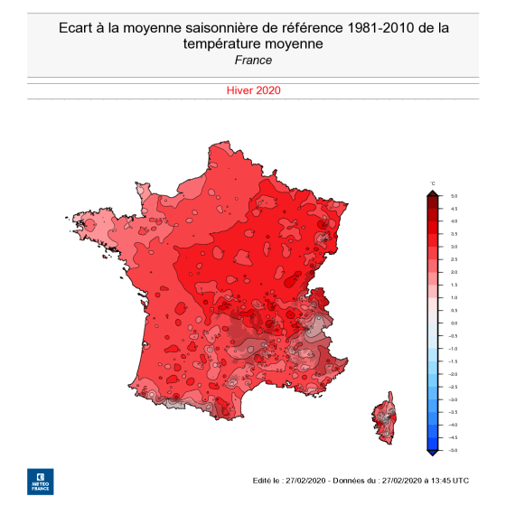 Écart à la moyenne saisonnière de référence 1981-2010 de la température moyenne en France, carte Météo France