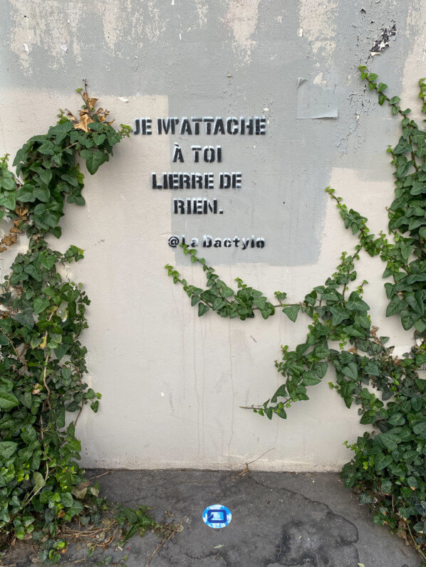 Inscription, citation, street art, lierre, au printemps dans la rue de Moussy, Paris 3e (75)