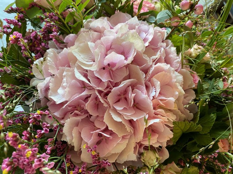 Bouquet de fin d'été, roses, symphorines, hortensias, statices, Paris 12e (75)