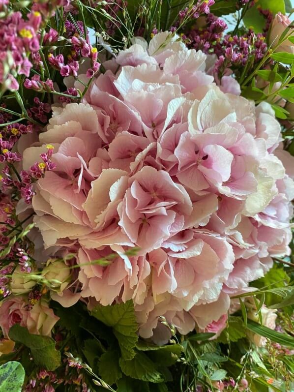 Bouquet de fin d'été, roses, symphorines, hortensias, statices, Paris 12e (75), 13 septembre 2020, photo Alain Delavie