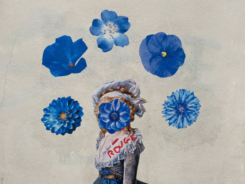 Être fleur bleue, Collage, street art, Paris 11e (75)