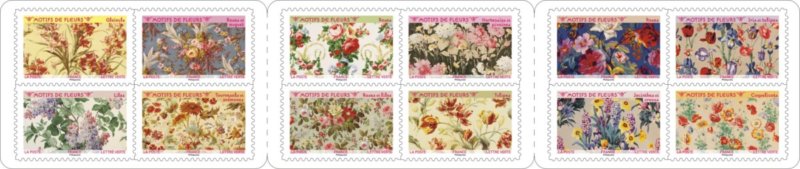 © LA POSTE, mise en page d’Aurélie Baras des photographies de coupons de tissus floraux © Musée de l’Impression sur Etoffes, Dist. RMN-Grand-Palais / David Soyer