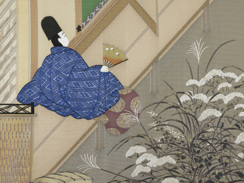 Yamaguchi Itaro (1901-2007) Le Dit du Genji, livre L : Le Pavillon (détail) Japon, 20e siècle Soie, lamelles d’or et de platine blanc 37,5 × 785,5 cm Don Yamaguchi (1995), MA 12237 © RMN-Grand Palais (MNAAG, Paris) / Thierry Ollivier