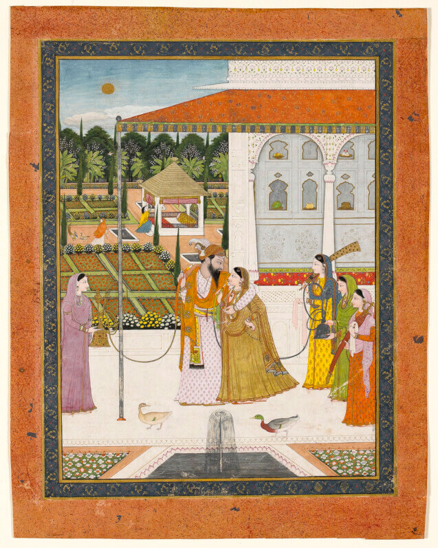 e raja Raj Singh de Chamba et sa rani dans les jardins de Rajnagar Inde, Chamba, vers 1790-1795 Gouache et or sur papier 34 × 27 cm Don Émile Soldi Colbert (1905), dépôt du musée du Louvre au MNAAG, OA 6031 © RMN-Grand Palais (MNAAG, Paris) / Thierry Ollivier