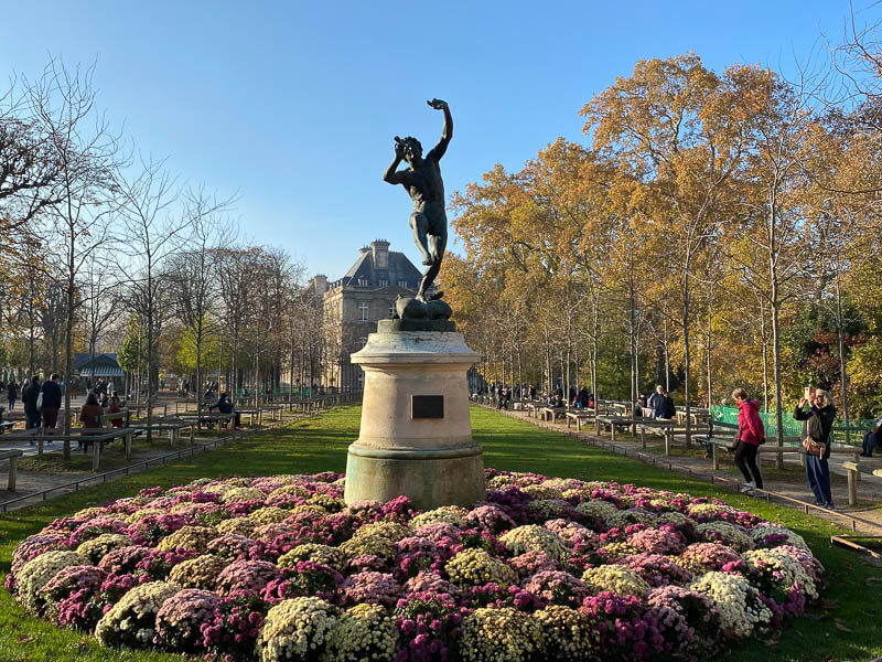 Le Faune dansant, parterre de chrysanthèmes en automne dans le Jardin du Luxembourg, Paris 6e (75)