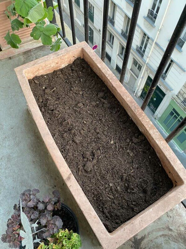 Jardinière remplie de terreau de qualité enrichi de fumier de cheval, en fin d'hiver sur mon balcon parisien, Paris 19e (75)