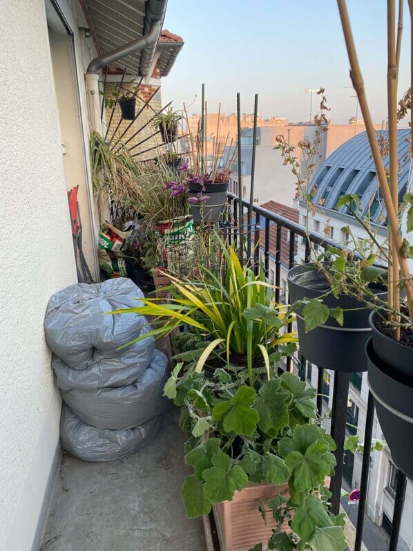 Sacs de substrat usagé en fin d'hiver sur mon balcon parisien, Paris 19e (75)