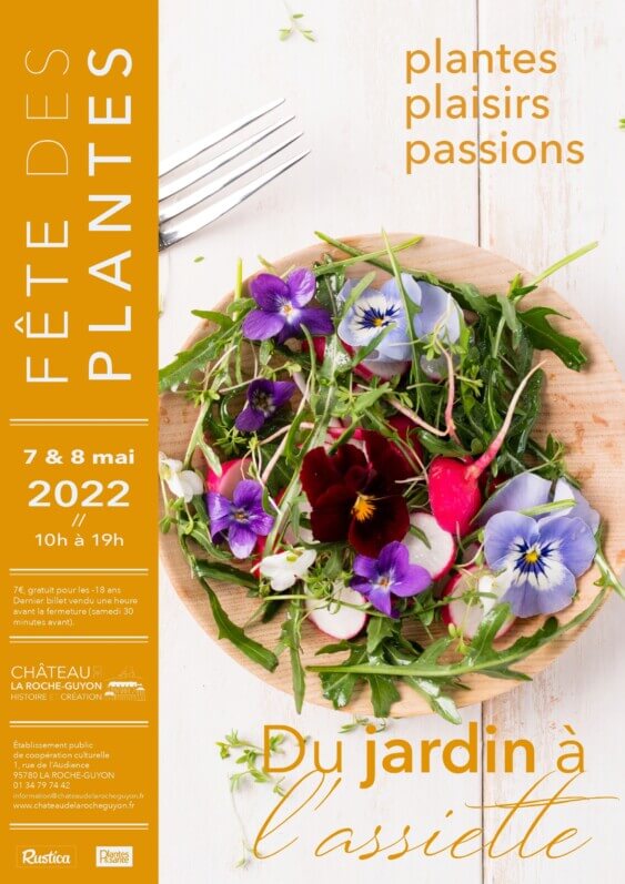 Affiche Plantes Plaisirs Passions, samedi 7 et dimanche 8 mai 2022, thème de la 28ème édition : « Du Jardin à l’assiette »