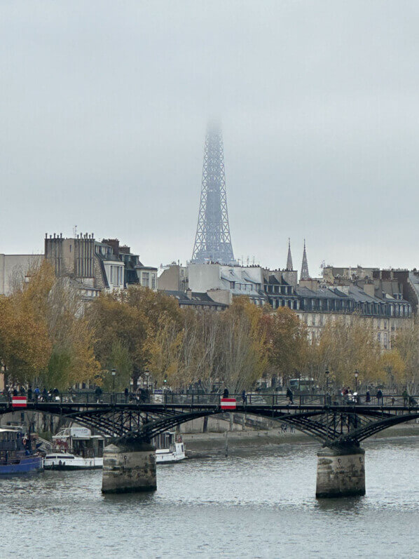 Tour Eiffel dans la brume et les nuages bas, automne, Paris 7e (75)