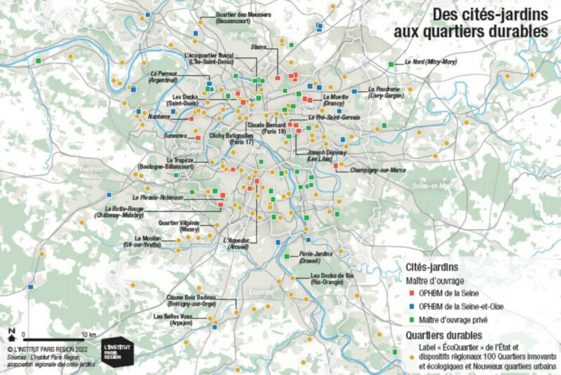 Carte, Des cités-jardins aux quartiers durables, L'Institut Paris Region, 2022