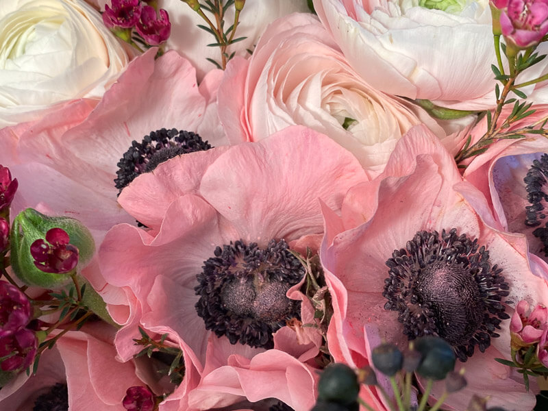 Bouquet de renoncules et d'anémones, composition Fleur de Nuit, Paris 12e (75)
