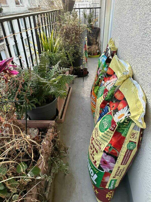 Sacs de terreau et de lombricompost en hiver sur mon balcon, Paris 19e (75)