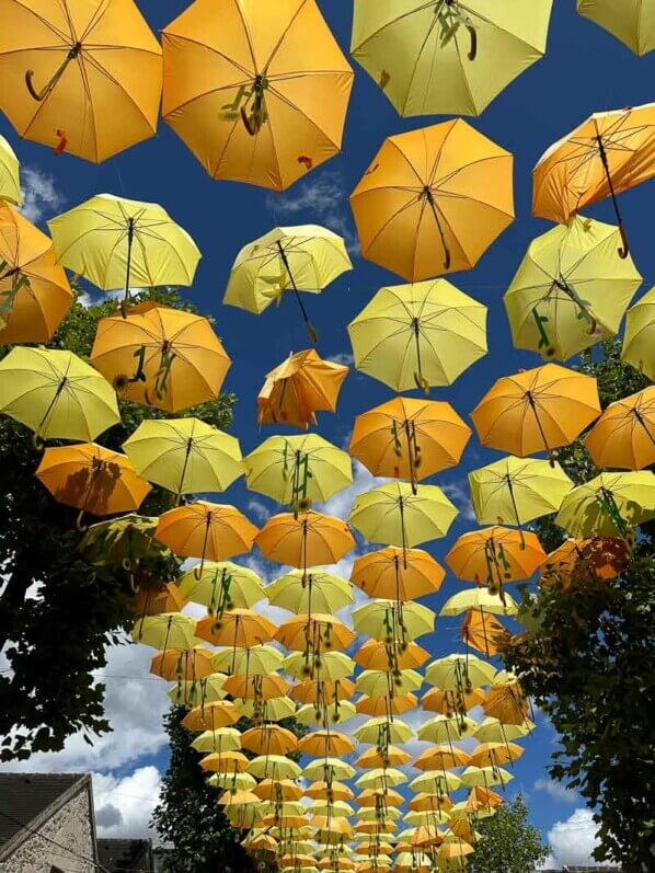 Parapluies et tournesols, installation de Patricia Cunha, Bercy Village, Paris 12e (75)