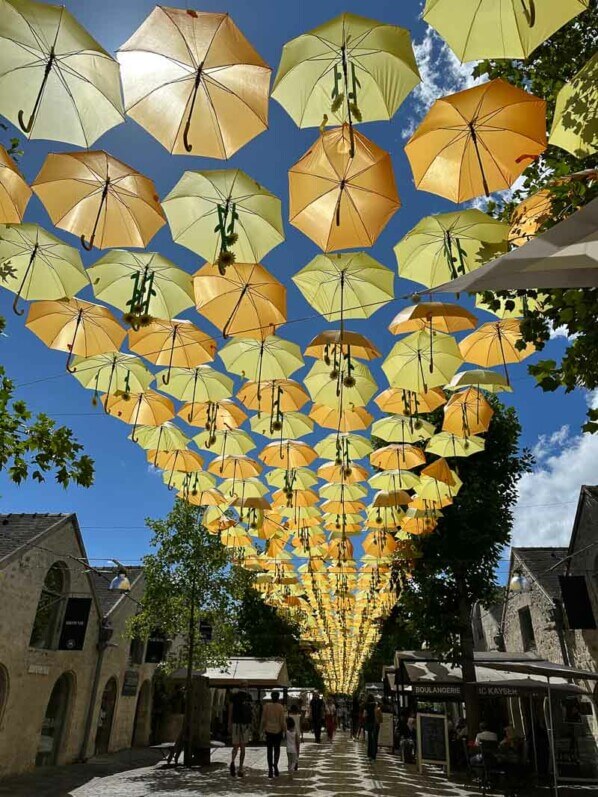 Parapluies et tournesols, installation de Patricia Cunha, Bercy Village, Paris 12e (75)