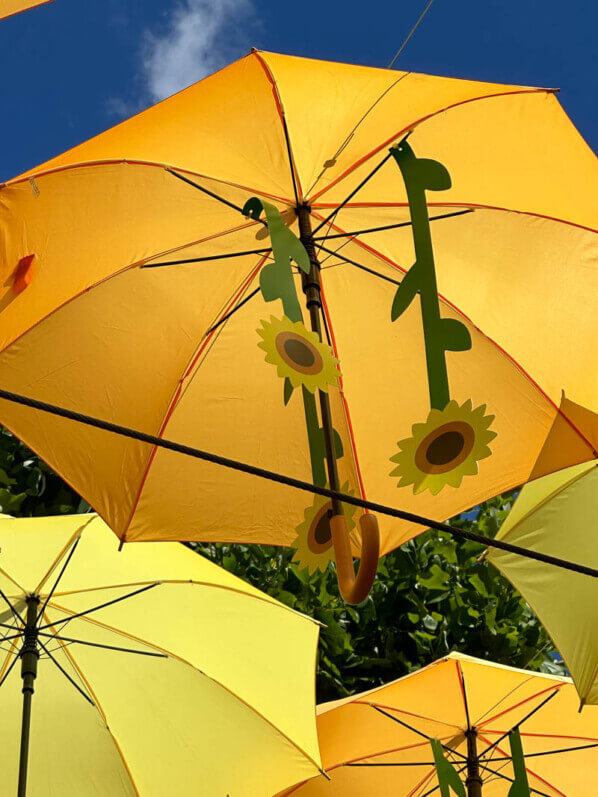 Parapluies et tournesols, installation de Patricia Cunha, Bercy Village, Paris 12e (75)