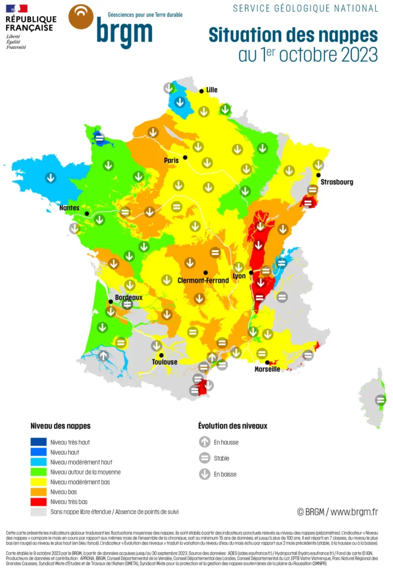 Situation des nappes en France métropolitaine au 1er octobre 2023