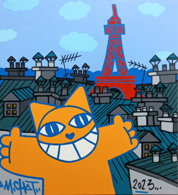 MChat accolade devant la Tour Eiffel, acrylique sur toile, 110x100, 2023