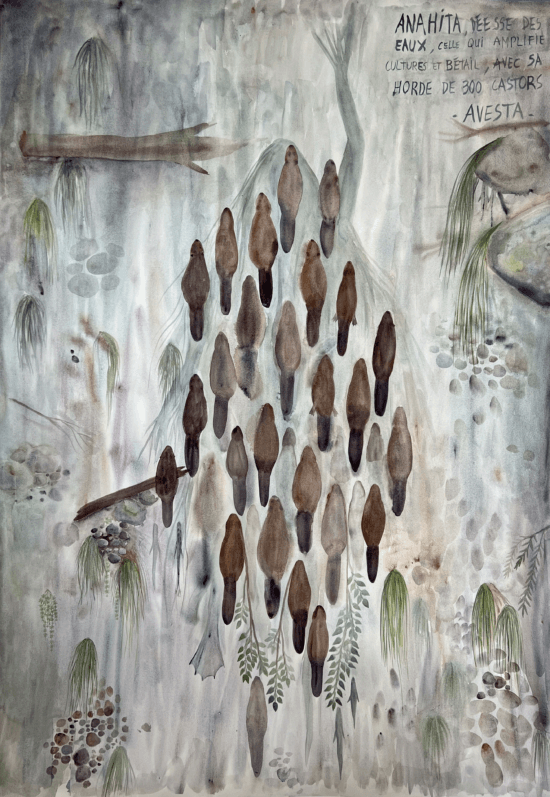 Suzanne Husky, Anahita, déesse des rivières de l’Avesta, 2022, aquarelle sur papier marouflée sur toile, 160 x 116 cm © Courtesy Galerie Alain Gutharc
