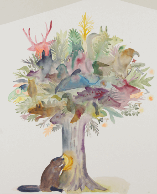 Suzanne Husky, Grandfather beaver and the tree of life, 2021, aquarelle sur papier, 114,5 x 94,5 cm © Courtesy Galerie Alain Gutharc