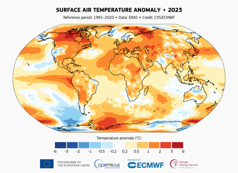 Anomalie de température de l'air en surface pour 2023 par rapport à la moyenne de la période de référence 1991-2020 . Source des données : ERA5. Crédit : C3S/ECMWF.