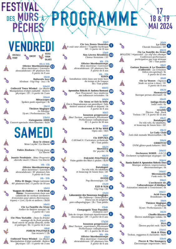 Festival des Murs à Pêches, programmation, mai 2024