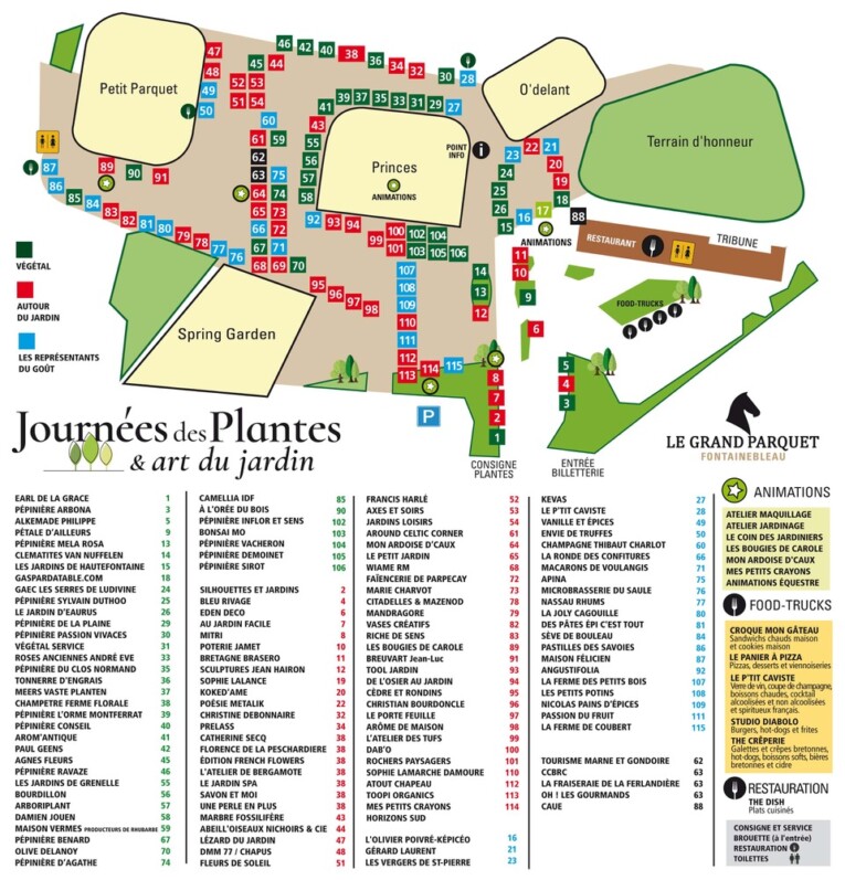 Plan et exposants, Journées des Plantes et Art du Jardin les 29 et 30 mars 2025 au Grand Parquet à Fontainebleau (77)